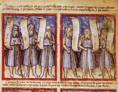 Adams slektsregister følges av Seth, Enoch (Henoch eller Enosh) Kenan, Mahalalel (Mahalaleel) og Jared (eller Yared), de store patriarkene til miniatyrbibelen hentet fra kodeks 212 (eller padovano eller bibel fra Padova) 1390-1400 Rovigo, Accademia dei Con av Unknown artist