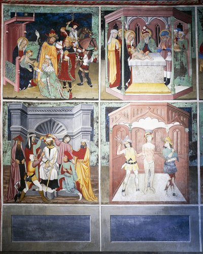 Tilbedelse av vismennene, omskjæring, hån, pisking, Kristi liv (1400-tallet), fresker, kapellet St. Sebastian, Villard-de-Lans, Rhone-Alpes, Frankrike. av Unknown artist