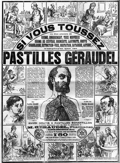 Reklame for Geraudel-tabletter av farmasøyt Arthur Geraudel (1841-1906) en Sainte-Menehould (Sainte Menehould) mot hoste. Gravering i "" Le monde illustrious"" av Unknown artist