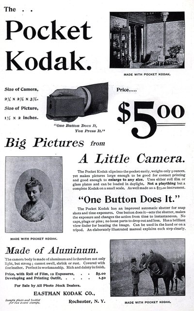 Reklame for Kodak-lommekameraet. (Pocket Kodak) 1895. Privat Coll. av Unknown artist