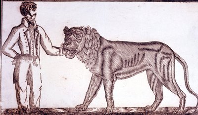 Reklame for sirkuset i 1800 som viser en temmer som legger hånden i munnen på en løve. av Unknown artist