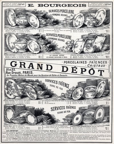 Reklame fra 1889 for "" La Ceramic Moderne av Le Grand Depot De Porcelaines, Faiences Et Verreries Bourgeois i Paris"" av Unknown artist