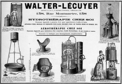Annonsering av 1889 for mobilarmaturer for bad, vanndusjer, tørr eller våt damp, bidet, merke Walter-Lecuyer (Walter Lecuyer). av Unknown artist