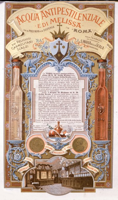 Reklame for velduftende vann: vann mot sitronmelissepest. kromolitografi fra 1895 av Unknown artist