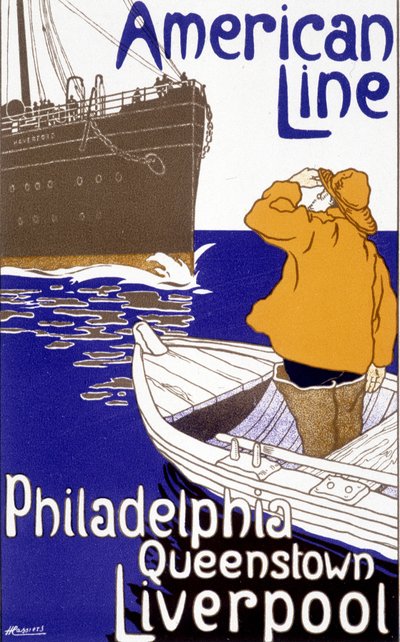 Reklameplakat for American Line "Philadelphia - Queenstown - Liverpool" i "Pictorial Placard"", Brussel av Unknown artist
