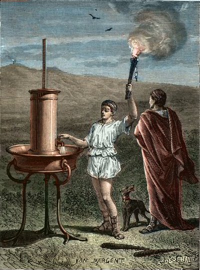 Aeneas Tacticus eller taktikeren finner opp faset signalsystem 336BC - Enee le Taccien - Aeneas le taktikeren oppfinner kunsten å uttrykke signaler i 336 f.Kr. - Taktikeren Aeneas oppfant kunsten å uttrykke signaler i 336 f.Kr. av Unknown artist