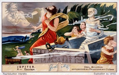 Aesculapus dør, sprengt av Jupiter, for å gjenopplive de døde - Oxo-kromolitografi, produserte Liebig av Unknown artist