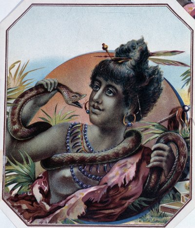 Afrikansk svart kvinne og slange - Sigarboksetikett, sent på 1800-tallet av Unknown artist
