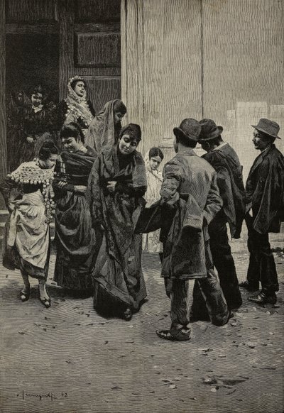 Etter messen, maleri av Arnaldo Ferraguti (1862–1925), gravering av Sabbatini fra L#39;Illustrazione Italiana, år XXI, nr. 8, 25. februar av Unknown Artist