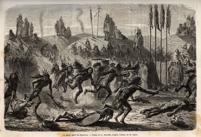 Etter seremonien med å gi seg selv til Den Store Ånd, omfavner de unge krigerne en frenetisk og utstrømningsdans, de svakeste følger etter på bakken, blant Mandans-indianerne (eller noumah ka kie: fasaner), på venstre bredd av Missouri. Gravering til illu av Unknown artist