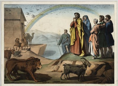 After the flood, the animals descend from the ark. On the right: Noah, his wife, his three sons (Shem, Sham and Japhet) and their wife. At the bottom, the rainbow (symbol of the order of creation concludes between Noah and God). Anonymous engraving from th av Unknown artist