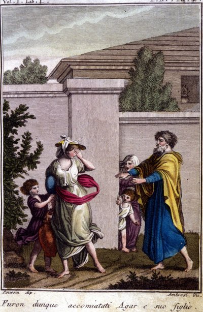 Agar og Ismael ble drevet ut av Abraham: Agar, som ble avskjediget, dro sammen med sønnen sin, Isamel, etter Isaks fødsel. Gravering fra begynnelsen av 1800-tallet. av Unknown artist