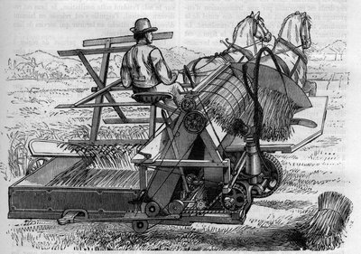 Agriculture and agricultural machinery: a new harvester drawn by horses that automatically bind the sheaves of bles in the fields. Engraving in “” La Nature”” av Unknown artist
