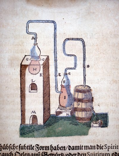 Alchemy: Apparatus for destillation, hentet fra en bok av Pietro Andrea Mattioli (Matthiole) (1500-1577). Frankfurt av Unknown artist