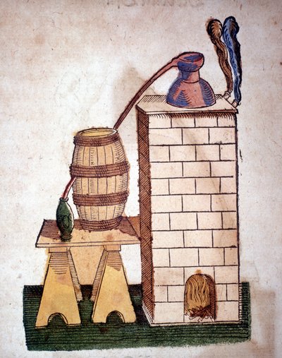 Alkymi: apparat for destillasjon. Gravering fra en bok av Pietro Andrea Mattioli (Matthiole) (1500-1577). Frankfurt av Unknown artist