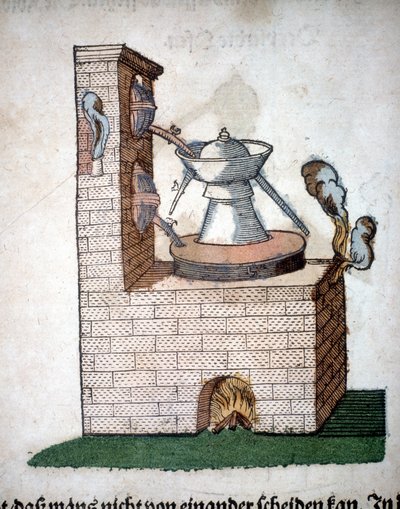 Alkymi: apparat for destillasjon, hentet fra en bok av Pietro Andrea Mattioli (Matthiole) (1500-1577). Frankfurt av Unknown artist