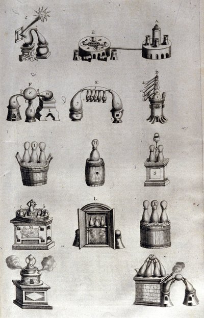 Alkymi: tavle som representerer forskjellige modeller av destillasjonsapparater og destillasjonsapparater. Athanase Kircher (eller Athanasius Kircheri 1602-1680), tysk jesuite. 1600-talls gravering. av Unknown artist