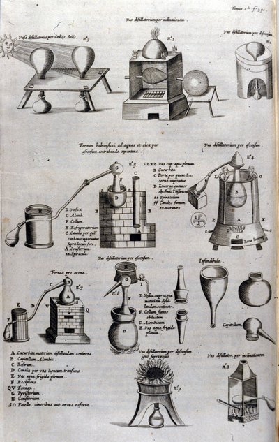 Alkymi: tavle som representerer forskjellige modeller av destillasjonsapparater og destillasjonsapparater. Athanase Kircher (eller Athanasius Kircheri 1602-1680), tysk jesuite. 1600-talls gravering. av Unknown artist