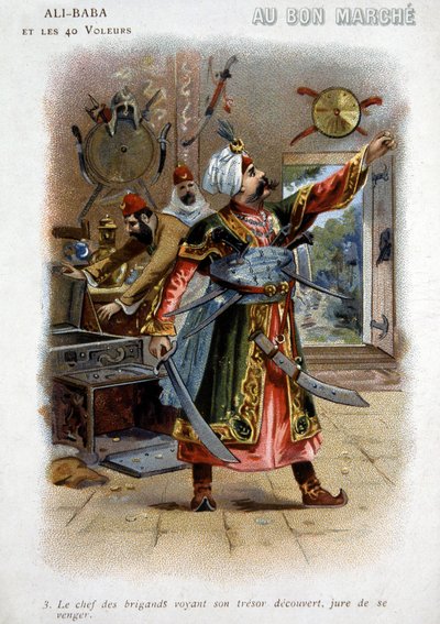 Ali - Baba (Ali Baba) og de 40 tyvene (fortellinger om de tusen og én natt): Røversjefen som ser skatten sin avdekket, sverger hevn - Kartong fra "den gode mars", slutten av 1800-tallet av Unknown artist