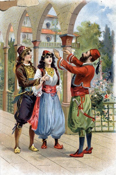 Ali Baba. (Ali-Baba) (Tales of the Thousand and One Night): For å belønne Morgiana, gir Alibaba henne i ekteskap med sin sønn. Kromolitografi fra 1800-tallet av Unknown artist