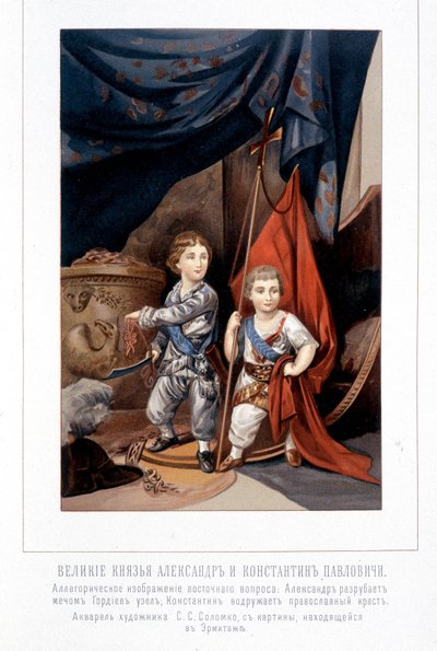 Allegorisk figur: Alexander skjærer den georgiske knuten i det østlige spørsmålet og broren Konstantin installerer det ortodokse korset - i "" Keiseren Alexander 1st"" av Schilder av Unknown artist
