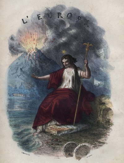 Allegory of Europe - gravering fra "" Skikker og skikker til alle folkeslag i universet. Det vil si historien om regjeringen, lovene, militsen, om religionen til alle nasjoner fra de fjerneste tider til i dag "1856 av Unknown artist