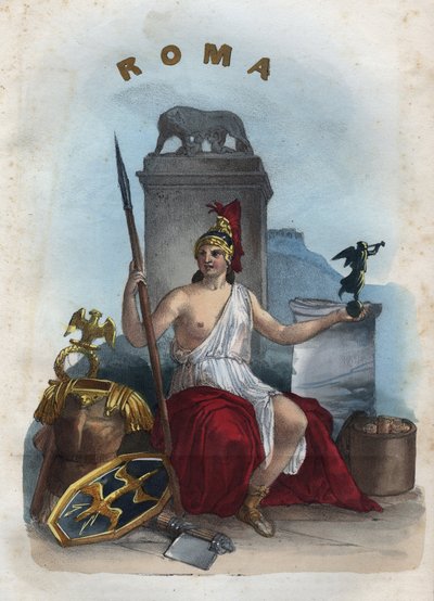 Allegory of Roma - gravering fra "" skikker og tradisjoner til alle folkeslag i universet. Det vil si historien om regjeringen, lovene, militsen, om religionen til alle nasjoner fra de fjerneste tider til i dag "1856 av Unknown artist
