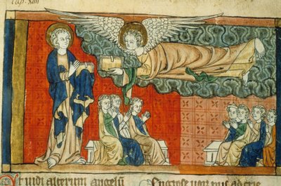 Allegori om Babylons fall (med engel) - Miniatyr av middelalderen (ref.815, 032r): Forespørsel om tillatelse fra kommunalbiblioteket i Toulouse (tlf: 05 62 27 66 66) av Unknown artist