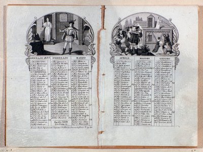 Årets almanakkkalender 1837 dekorerte scener av operaen La sonnambula, av Vincenzo Bellini av Unknown artist