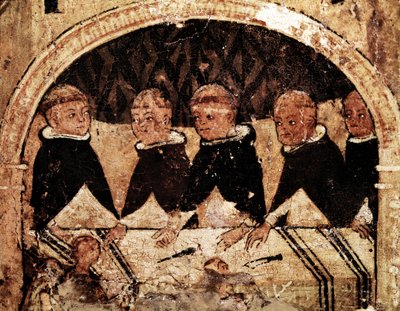 Altertavle av livet til den hellige Dominica av Guzman (1170-1221), grunnleggeren av den dominikanske orden: gruppe dominikanske munker til stede. Maleri på tre fra 1200-tallet. Napoli, Museo Nazionale di Capodimonte av Unknown artist