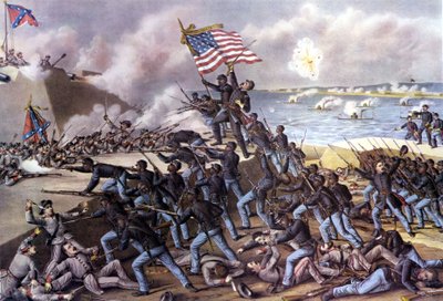 Amerikansk borgerkrig (1861 - 1865): angrep på Fort Wagner på Jekyll Island utenfor Georgia av 2000 svarte frivillige i juli 1863. Gravering av 1800-tallet. av Unknown artist