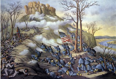Amerikansk løsrivelseskrig eller borgerkrig (1861 - 1865): 23/11/1863, slaget ved Lookout Mountain i Tennessee, et angrep kjent i dag som slaget over skyene på grunn av tåken som tillot føderale tropper å rykke frem raskere. Gravering av 1800-tallet. av Unknown artist