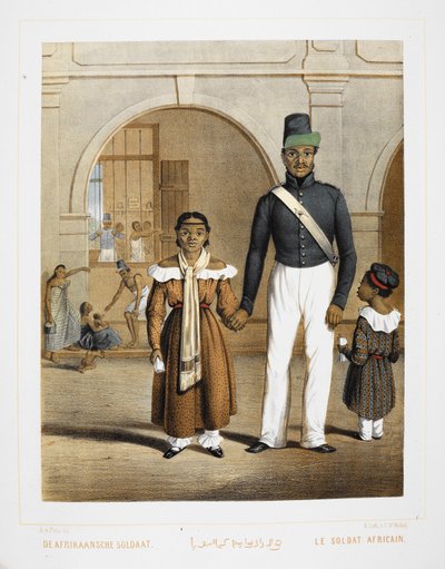 En afrikansk soldat med familien sin. Innbyggere i Indonesia. av Unknown artist