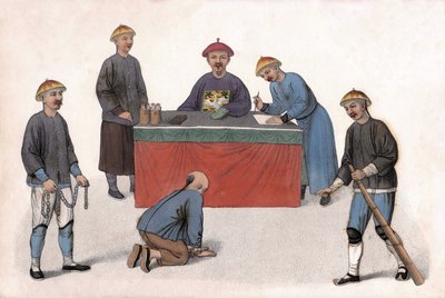En anklaget for en sorenskriver ble assistert av en kontorist, en sekretær og vakter. i "The Punishment of the Chinese", London av Unknown artist