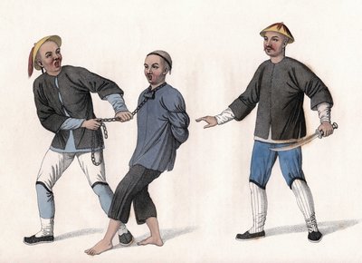 En siktet blir ført til fengsel, bundet med et kjede rundt halsen. Gravering, i "The Punishments of the Chinese", London av Unknown artist