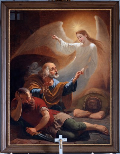 En engel frigjør Sankt Peter fra fengselet, tegnet F. Devigne (?) av Unknown artist