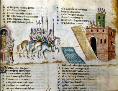 En hær nærmer seg et slott. Miniatyr av "Roman de Troy"" av Benoit de Sainte Maure. 1300-tallet, Biblioteca Marciana, Venezia av Unknown artist