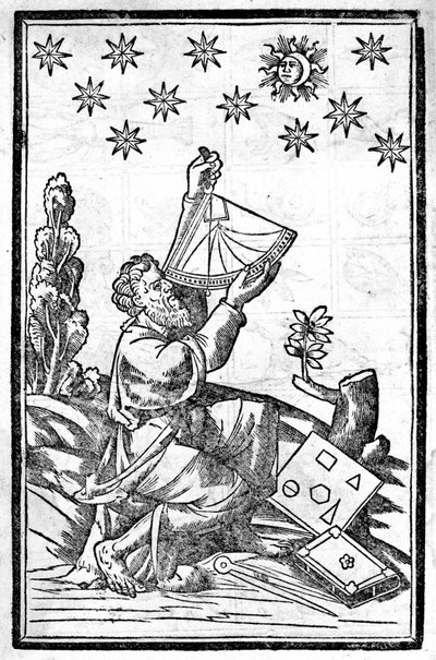 En astrolog tar høyden med sekstanten sin under en formørkelse. av Unknown artist