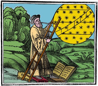 En astronom setter en stige for å klatre opp i himmelen. av Unknown artist