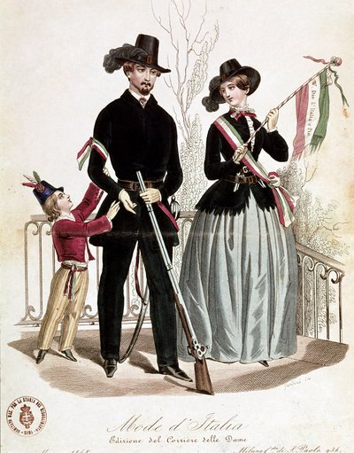 En elegant patriotisk familie på Risorgimentos tid (litografi av Unknown artist
