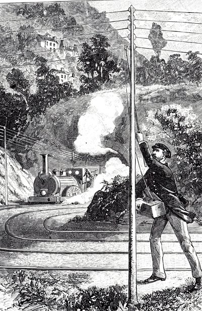 En gravering som viser en togarbeider som sender et nødsignal på en jernbanetelegraf av Unknown artist