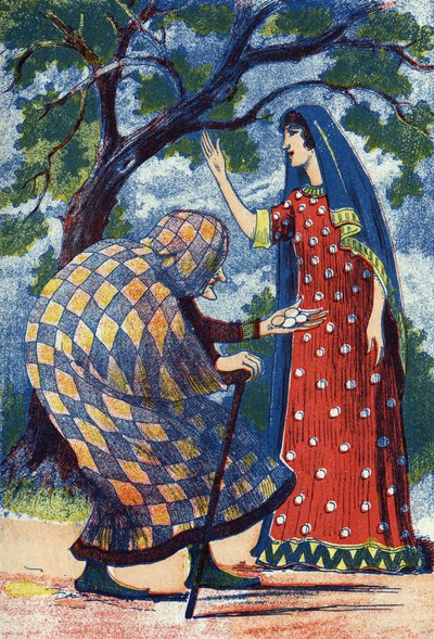 An old lady gives four eggs to Florine. Anonymous illustration for the tale “L