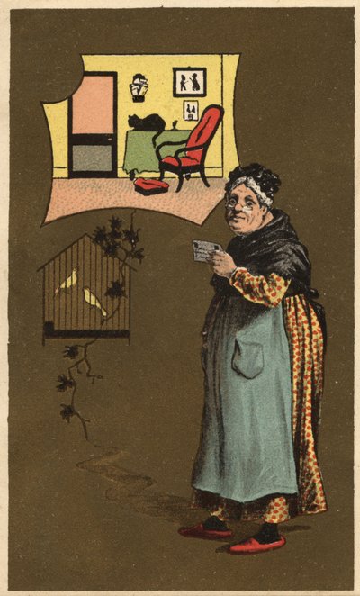 An old woman holding a cup near a cage with birds. Anonymous chromolithography, late 19th century. av Unknown artist