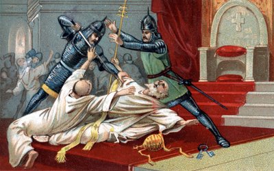 Anagni bombing. Nyttig hjelp fra William av Nogaret, sendt av kongen av Frankrike Filip IV the Bel; 8. september 1303 stoppet han pave Bonifatius VIII i Anagni (Benedetto Caetani dit Bonifacio VIII av Unknown artist