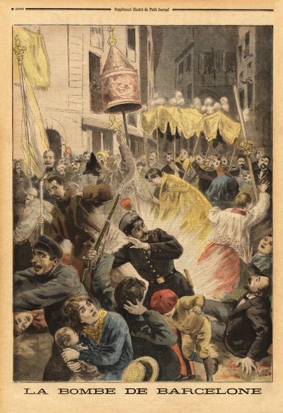 Anarkistisk angrep i Barcelona, bombeeksplosjon i prosesjonen som forlater kirken Santa Maria, street nuevos cambios. Gravering i "" Le petit journal"" 21.06.1896. Selvas samling. av Unknown artist