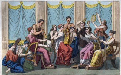 Antikkens Hellas - Konsert med forskjellige instrumenter - gravering fra "" skikker og tradisjoner til alle folkeslag i universet. Det vil si historien om regjeringen, lovene, militsen, om religionen til alle nasjoner fra de fjerneste tider til i dag "18 av Unknown artist