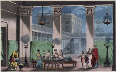 Antikkens Hellas - Triclinium - gravering fra "" skikker og tradisjoner til alle folkeslag i universet. Det vil si historien om regjeringen, lovene, militsen, om religionen til alle nasjoner fra de fjerneste tider til i dag "1856 av Unknown artist