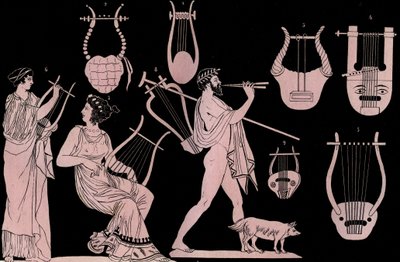 Antikke greske musikkinstrument: Lyre og Cithara (cithara) (kithara) - gravering fra "" skikker og tradisjoner til alle folkeslag i universet. Det er historien om regjeringen, lovene, militsen, om religionen til alle nasjoner fra de fjerneste tid av Unknown artist