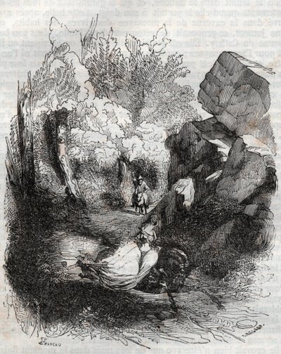 Angelique (Angelica) på flukt fra den gamle eremitten - gravering av 1851 fra "" Furious Roland"" (Orlando furioso) (1500-tallet) av Ludovico Ariosto, kjent som Ariosta - utgave oversatt fra italiensk av greven av Tressan og utgitt av Gustave Harvard 1 av Unknown artist