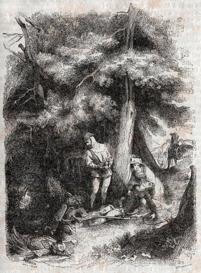 Angelique (Angelica) rescue Medor (Medoro) wesse - engraving of 1851 from “” Furious Roland”” (Orlando furioso) (16th century) by Ludovico Ariosto, known as the Ariosta - Edition translated from Italian by the Count of Tressan and published by Gustave Harv av Unknown artist